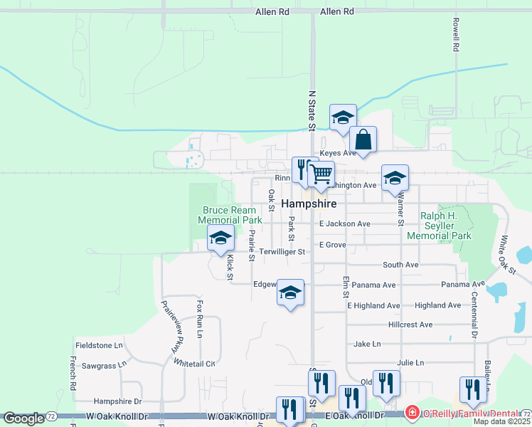 map of restaurants, bars, coffee shops, grocery stores, and more near 238 Oak Street in Hampshire