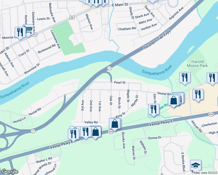 map of restaurants, bars, coffee shops, grocery stores, and more near in Vestal