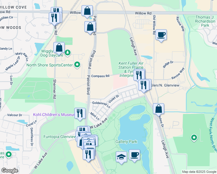 map of restaurants, bars, coffee shops, grocery stores, and more near 2651 Compass Road in Glenview