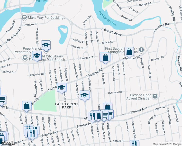 map of restaurants, bars, coffee shops, grocery stores, and more near 223 Gillette Avenue in Springfield