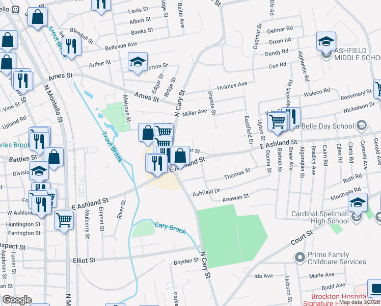 map of restaurants, bars, coffee shops, grocery stores, and more near 33 Thayer Street in Brockton