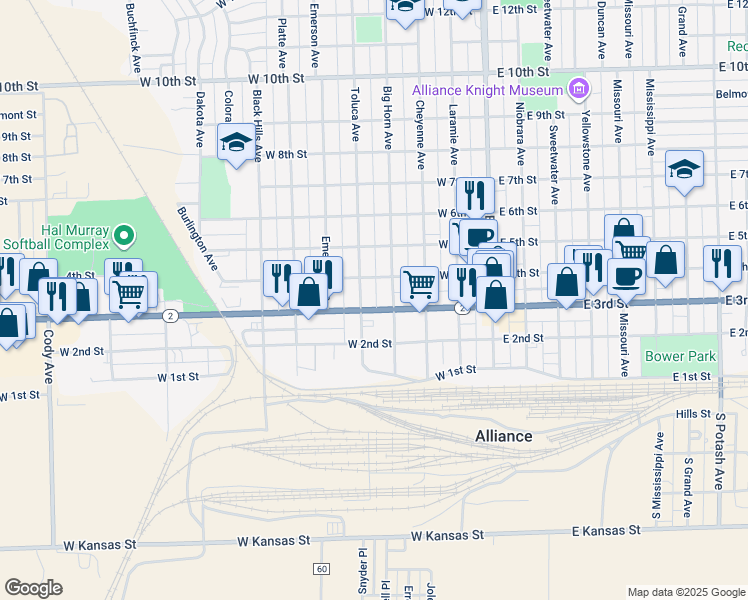 map of restaurants, bars, coffee shops, grocery stores, and more near 307 Toluca Avenue in Alliance