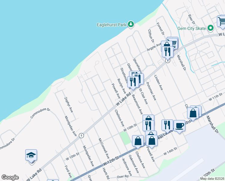 map of restaurants, bars, coffee shops, grocery stores, and more near 614 Powell Avenue in Erie