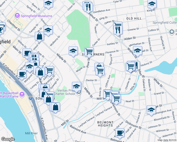 map of restaurants, bars, coffee shops, grocery stores, and more near 243-245 Pine Street in Springfield