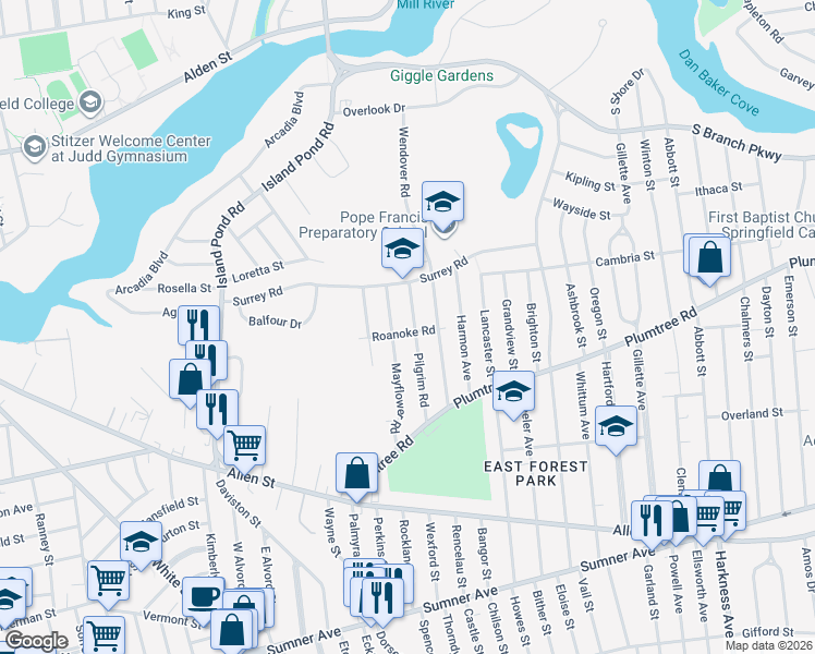 map of restaurants, bars, coffee shops, grocery stores, and more near 100 Roanoke Road in Springfield
