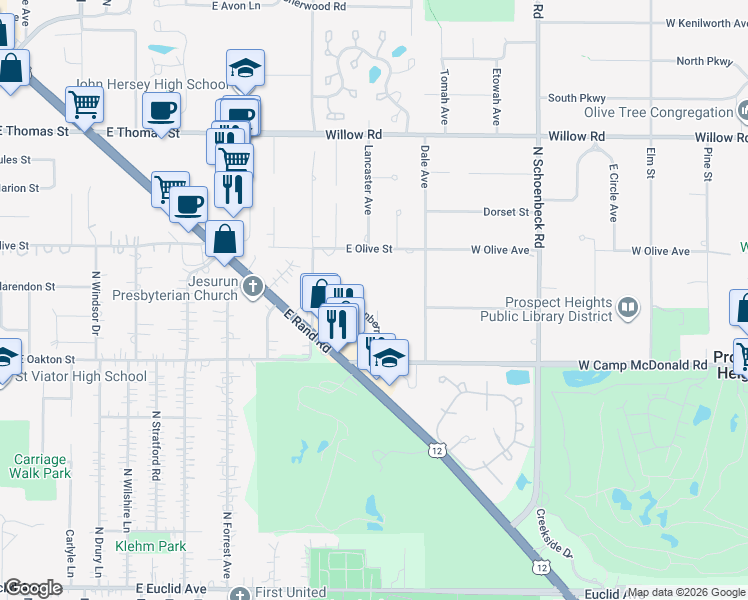 map of restaurants, bars, coffee shops, grocery stores, and more near 2410 East Brandenberry Court in Arlington Heights