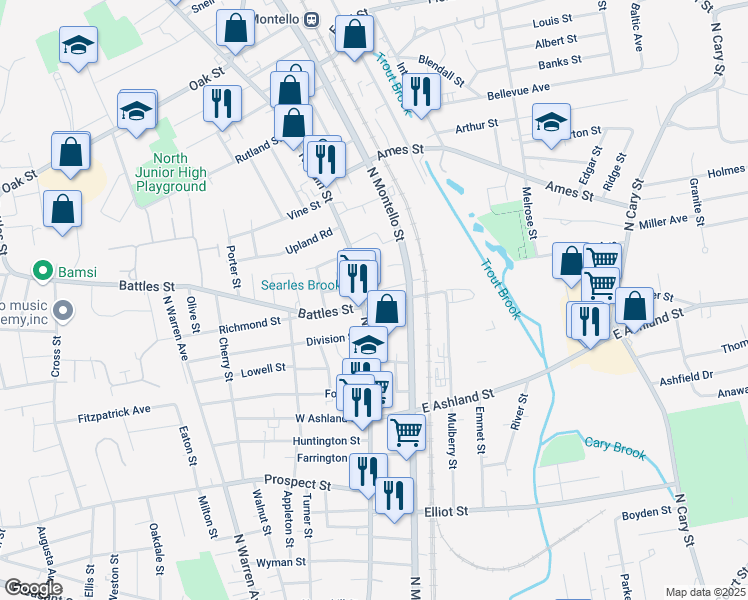 map of restaurants, bars, coffee shops, grocery stores, and more near 34 East Main Street in Brockton