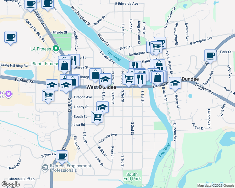 map of restaurants, bars, coffee shops, grocery stores, and more near 312 Oregon Avenue in West Dundee