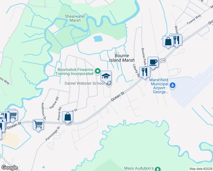 map of restaurants, bars, coffee shops, grocery stores, and more near 1456 Ocean Street in Marshfield