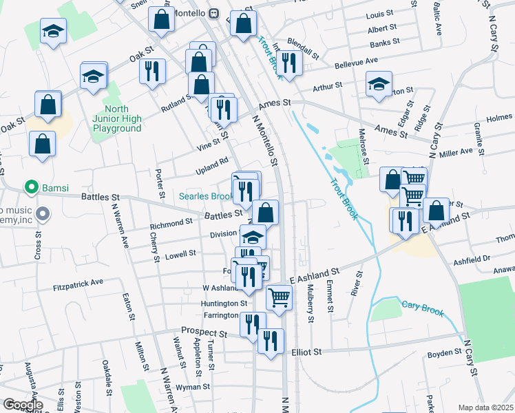 map of restaurants, bars, coffee shops, grocery stores, and more near 34 East Main Street in Brockton