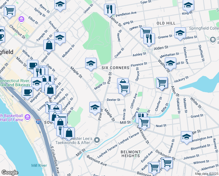 map of restaurants, bars, coffee shops, grocery stores, and more near 243-245 Pine Street in Springfield