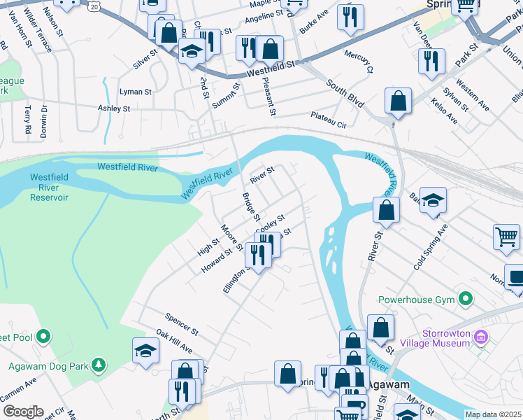 map of restaurants, bars, coffee shops, grocery stores, and more near 62-84 High Street in Agawam