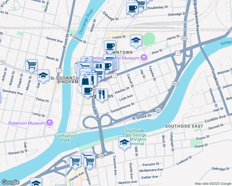 map of restaurants, bars, coffee shops, grocery stores, and more near 92 Hawley Street in Binghamton