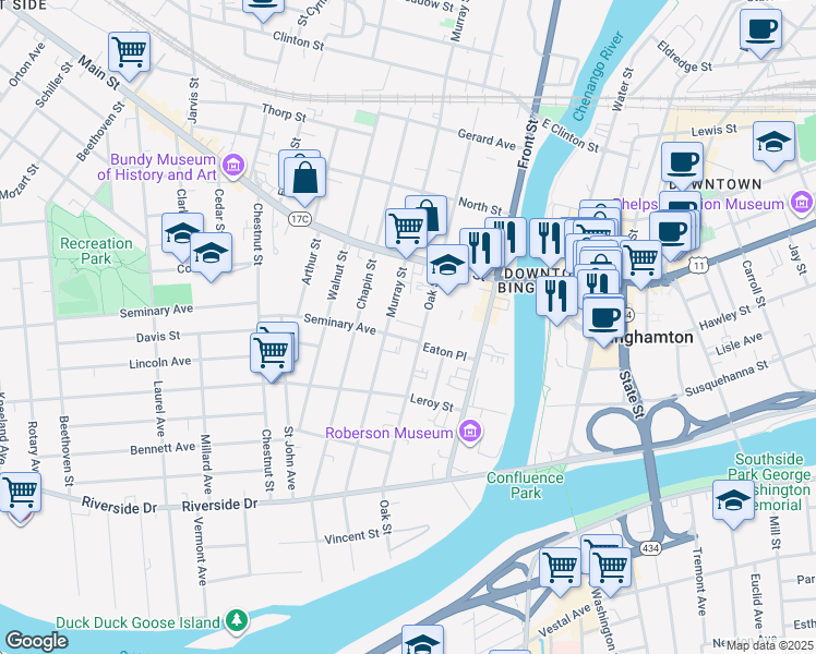 map of restaurants, bars, coffee shops, grocery stores, and more near 2 Chapel Place in Binghamton