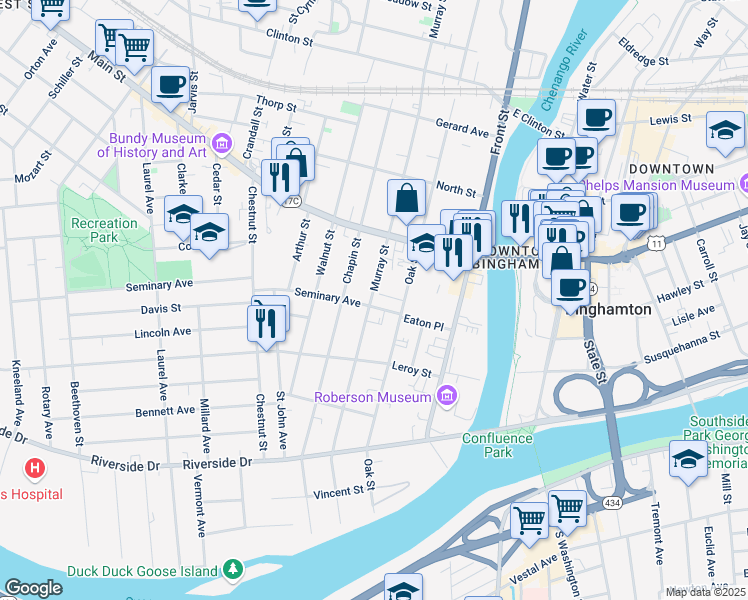 map of restaurants, bars, coffee shops, grocery stores, and more near 2 Chapel Place in Binghamton