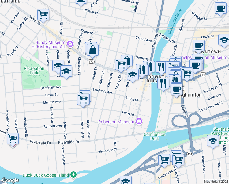 map of restaurants, bars, coffee shops, grocery stores, and more near 22 Seminary Avenue in Binghamton