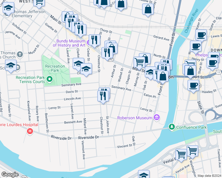 map of restaurants, bars, coffee shops, grocery stores, and more near 49 Seminary Avenue in Binghamton