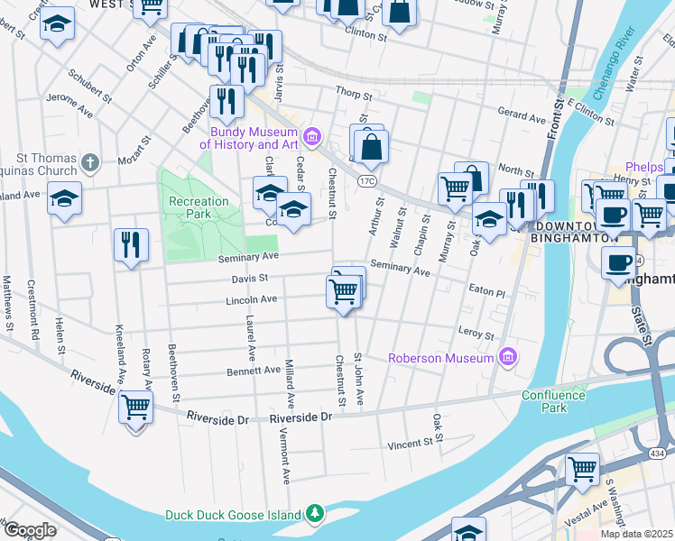 map of restaurants, bars, coffee shops, grocery stores, and more near 63 Chestnut Street in Binghamton