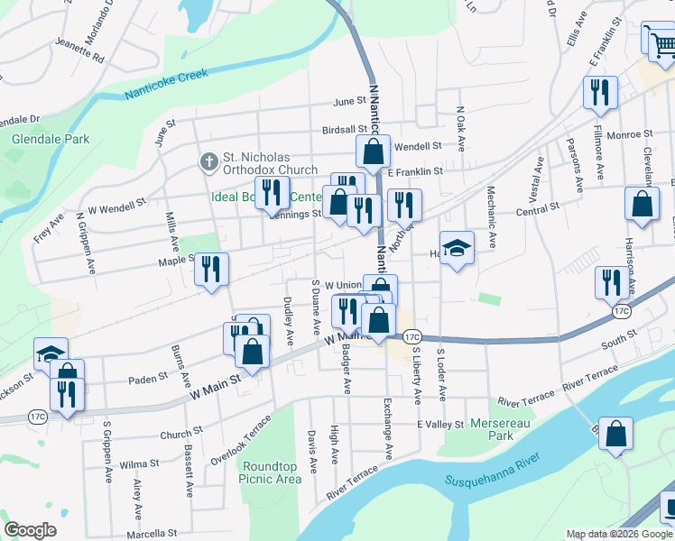 map of restaurants, bars, coffee shops, grocery stores, and more near 57 South Duane Avenue in Endicott