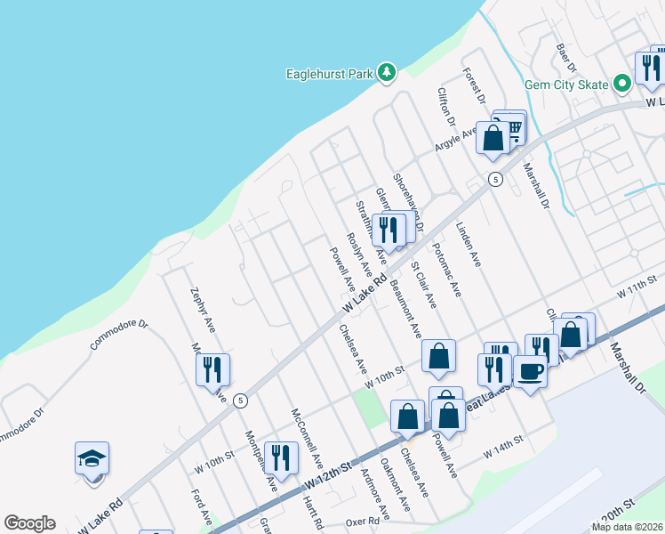 map of restaurants, bars, coffee shops, grocery stores, and more near 614 Powell Avenue in Erie