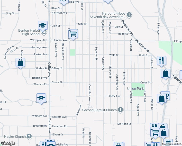 map of restaurants, bars, coffee shops, grocery stores, and more near 1135 Superior Street in Benton Harbor