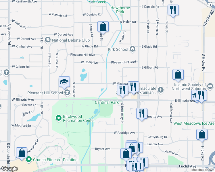 map of restaurants, bars, coffee shops, grocery stores, and more near 201 West Michigan Avenue in Palatine