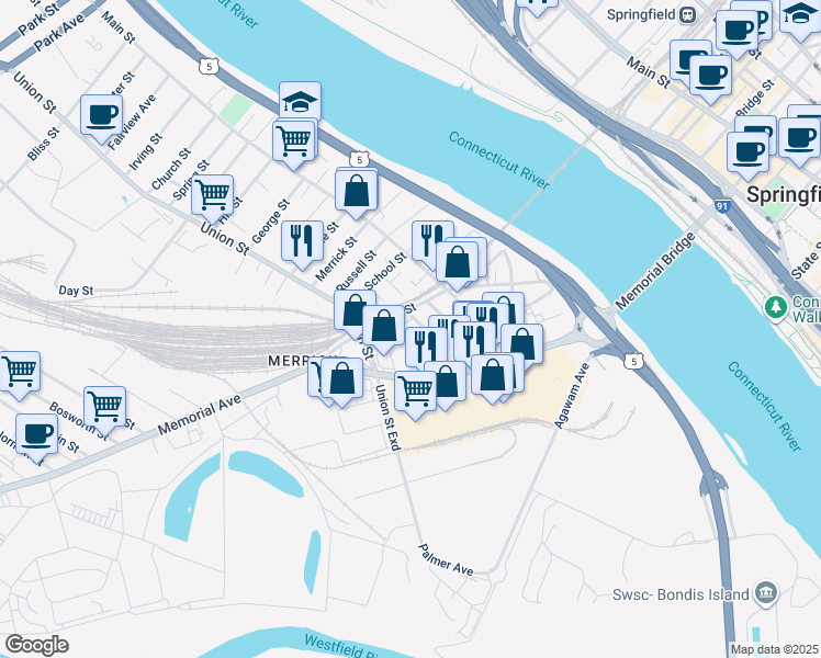 map of restaurants, bars, coffee shops, grocery stores, and more near 178 New Bridge Street in West Springfield