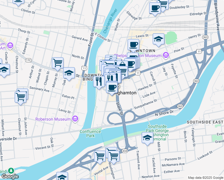 map of restaurants, bars, coffee shops, grocery stores, and more near 17 Hawley Street in Binghamton