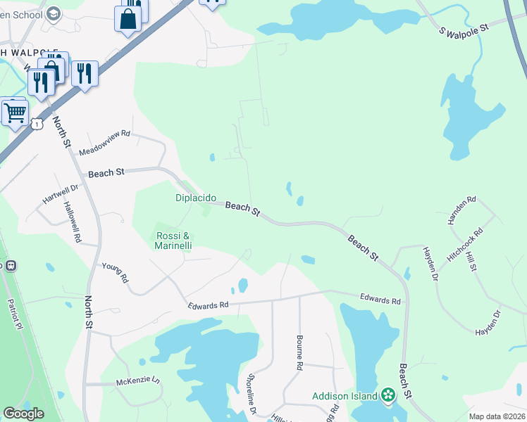 map of restaurants, bars, coffee shops, grocery stores, and more near 135 Beach Street in Foxborough