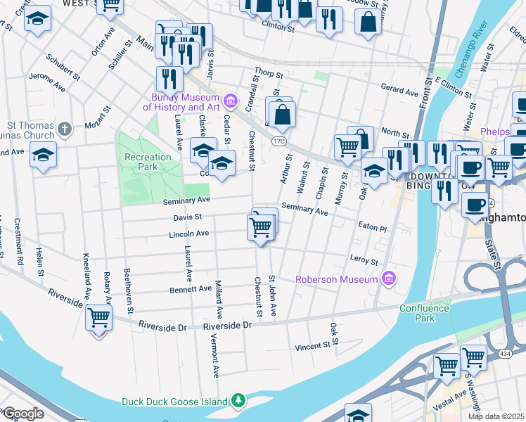 map of restaurants, bars, coffee shops, grocery stores, and more near 69 Saint John Avenue in Binghamton