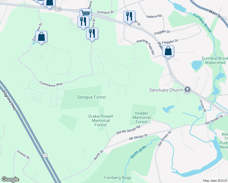 map of restaurants, bars, coffee shops, grocery stores, and more near 15 Red Pony Path in Marshfield