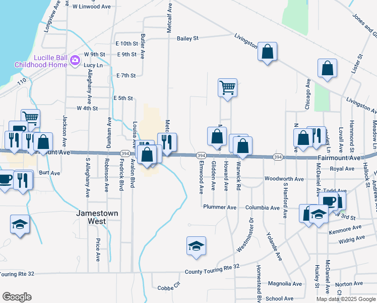 map of restaurants, bars, coffee shops, grocery stores, and more near 646 Fairmount Avenue in Jamestown