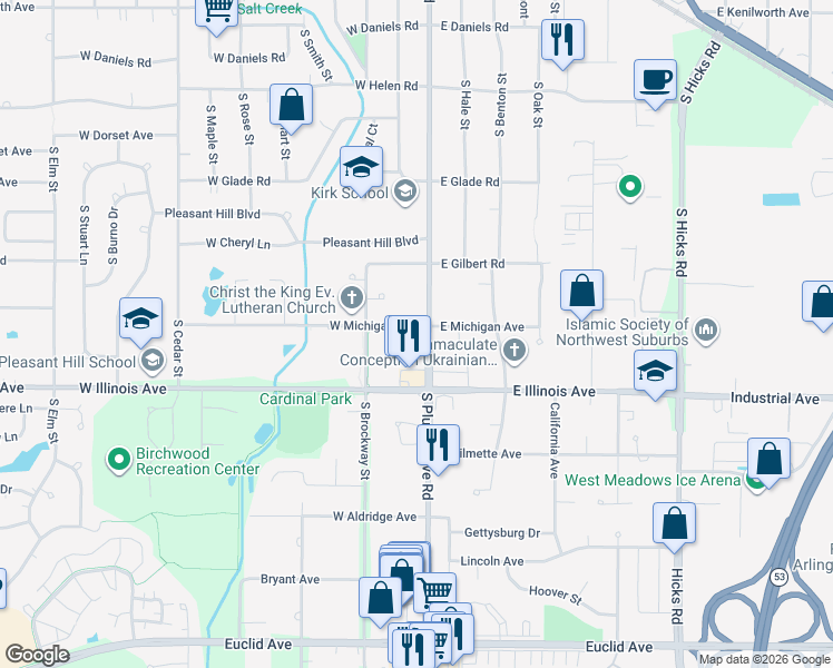 map of restaurants, bars, coffee shops, grocery stores, and more near 712 South Plum Grove Road in Palatine