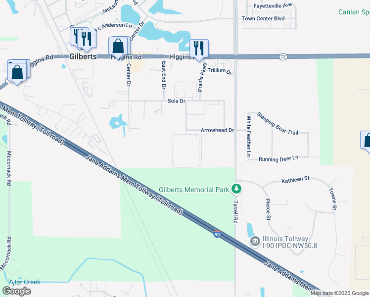 map of restaurants, bars, coffee shops, grocery stores, and more near 290 Burnet Drive in Gilberts