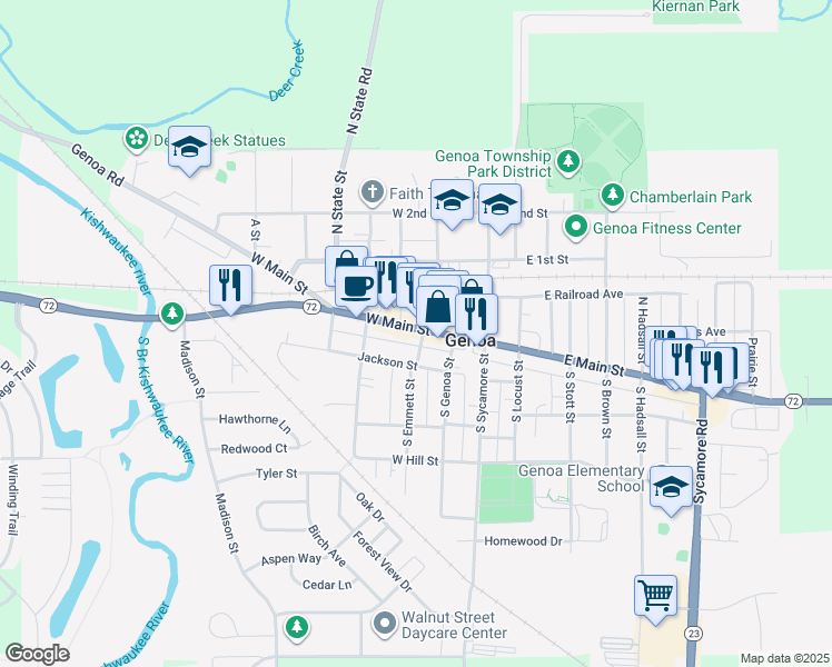 map of restaurants, bars, coffee shops, grocery stores, and more near 310 West Main Street in Genoa