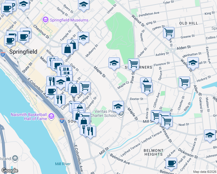 map of restaurants, bars, coffee shops, grocery stores, and more near 270 Maple Street in Springfield