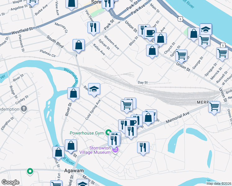 map of restaurants, bars, coffee shops, grocery stores, and more near 210 Windsor Street in West Springfield