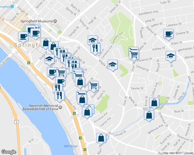 map of restaurants, bars, coffee shops, grocery stores, and more near 9-11 Richelieu Street in Springfield
