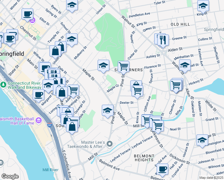 map of restaurants, bars, coffee shops, grocery stores, and more near 289-305 Maple Street in Springfield