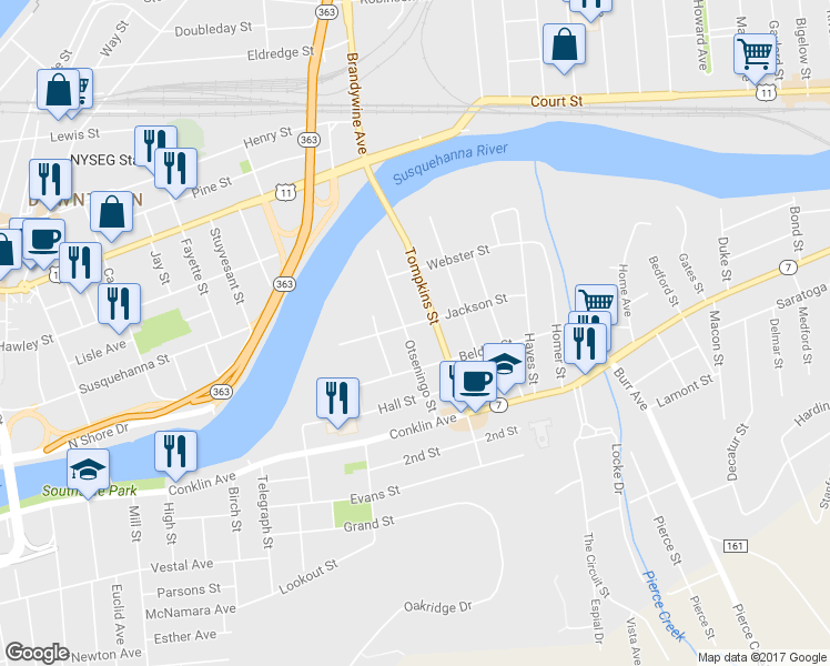 map of restaurants, bars, coffee shops, grocery stores, and more near 30 Jackson Street in Binghamton