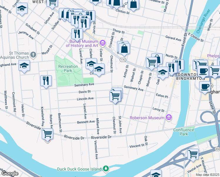 map of restaurants, bars, coffee shops, grocery stores, and more near 63 Chestnut Street in Binghamton