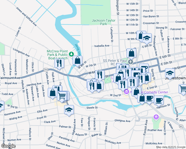 map of restaurants, bars, coffee shops, grocery stores, and more near 515 Monroe Street in Jamestown