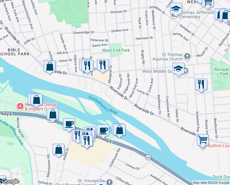 map of restaurants, bars, coffee shops, grocery stores, and more near 314 Riverside Drive in Binghamton