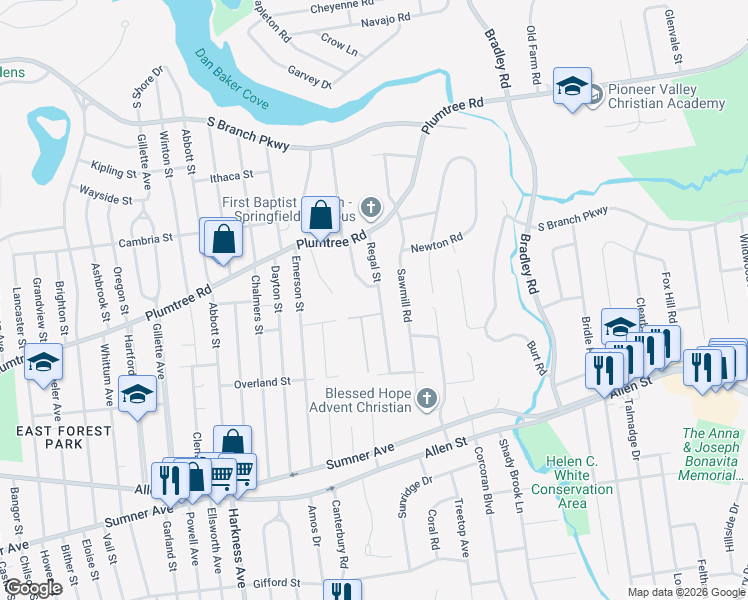 map of restaurants, bars, coffee shops, grocery stores, and more near 76 Regal Street in Springfield