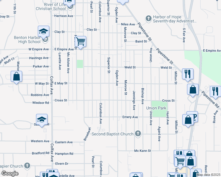 map of restaurants, bars, coffee shops, grocery stores, and more near 1135 Superior Street in Benton Harbor