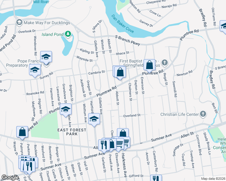 map of restaurants, bars, coffee shops, grocery stores, and more near 417 Plumtree Road in Springfield