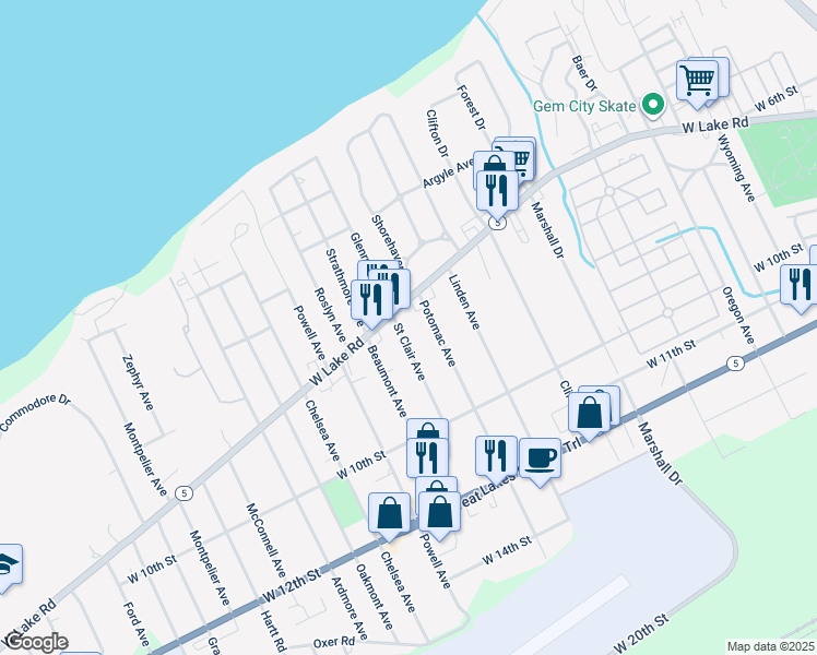 map of restaurants, bars, coffee shops, grocery stores, and more near 719 St Clair Ave in Erie