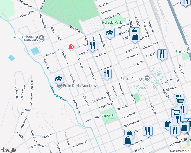map of restaurants, bars, coffee shops, grocery stores, and more near 918 Farnham Street in Elmira