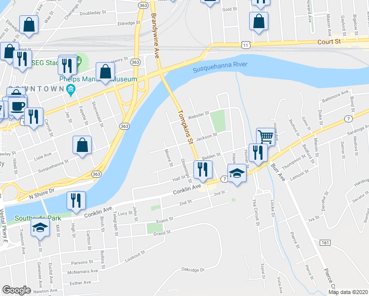 map of restaurants, bars, coffee shops, grocery stores, and more near 46 Tompkins Street in Binghamton