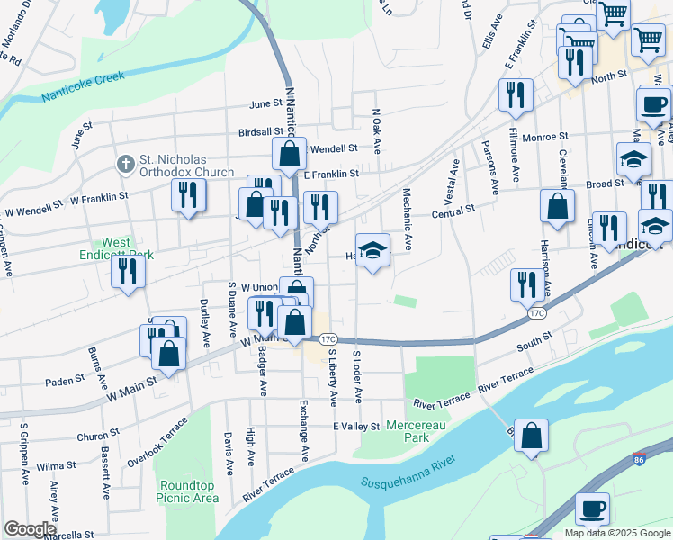 map of restaurants, bars, coffee shops, grocery stores, and more near 105 S Liberty Ave in Endicott